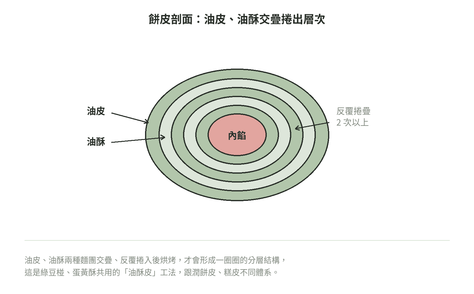 綠豆椪餅皮剖面:油皮與油酥交疊、反覆捲疊兩次以上,形成一圈圈的分層結構,中間包內餡