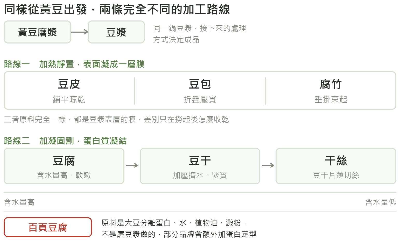 黃豆加工路線圖:豆漿分兩條路線,加熱靜置成膜做出豆皮、豆包、腐竹;加凝固劑凝結做出豆腐、豆干、干絲,含水量依序遞減;百頁豆腐不在這條路線上