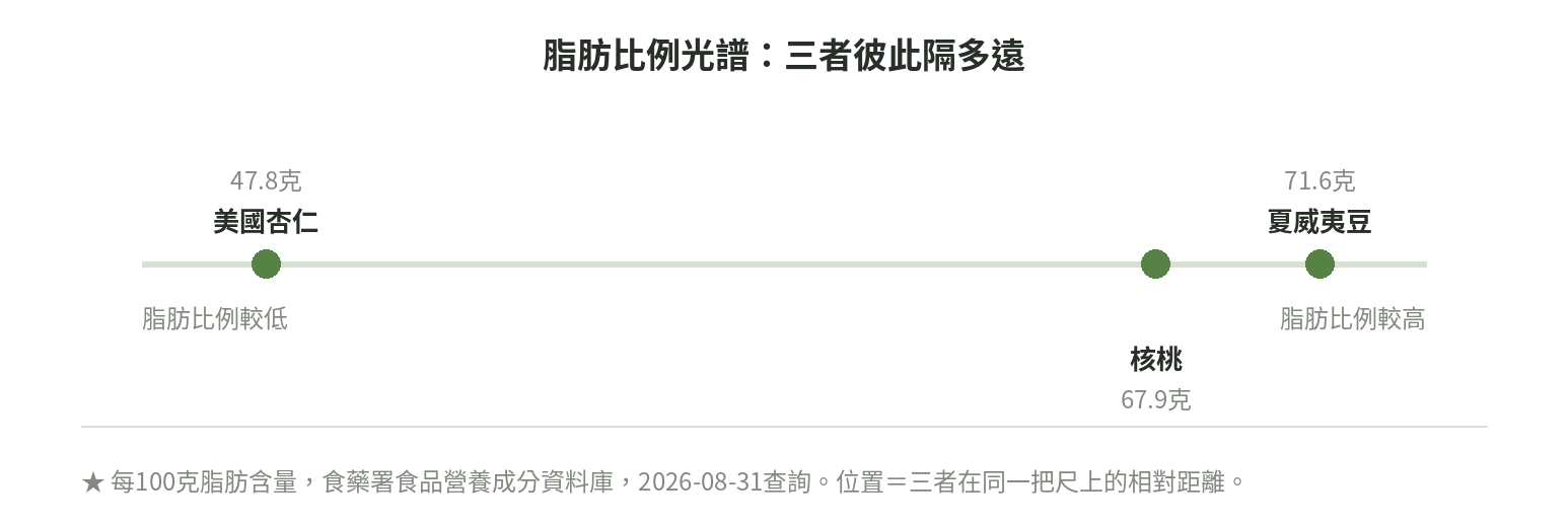 夏威夷豆與核桃、美國杏仁脂肪比例光譜對比圖,夏威夷豆脂肪比例最高