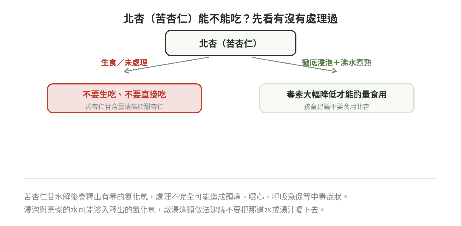 北杏(苦杏仁)安全食用判斷流程:生食未處理不能吃,徹底浸泡沸水煮熟才能酌量食用、孩童不要食用北杏;浸泡烹煮的水可能溶入氰化氫,燉湯不要喝那道湯汁