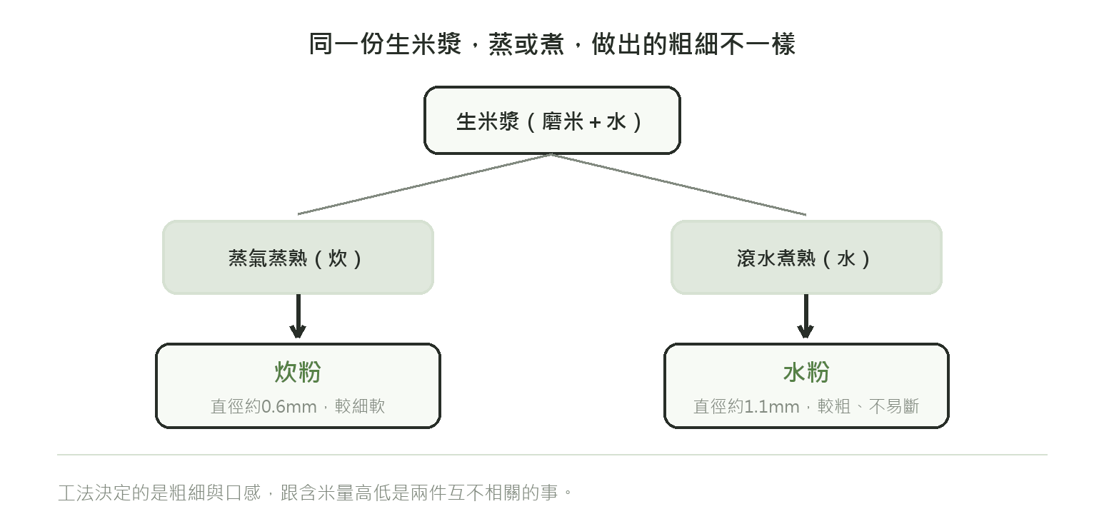 炊粉水粉工法分支圖:同一份生米漿分蒸熟與煮熟兩條路徑,蒸熟做出直徑約0.6毫米的炊粉、煮熟做出直徑約1.1毫米的水粉
