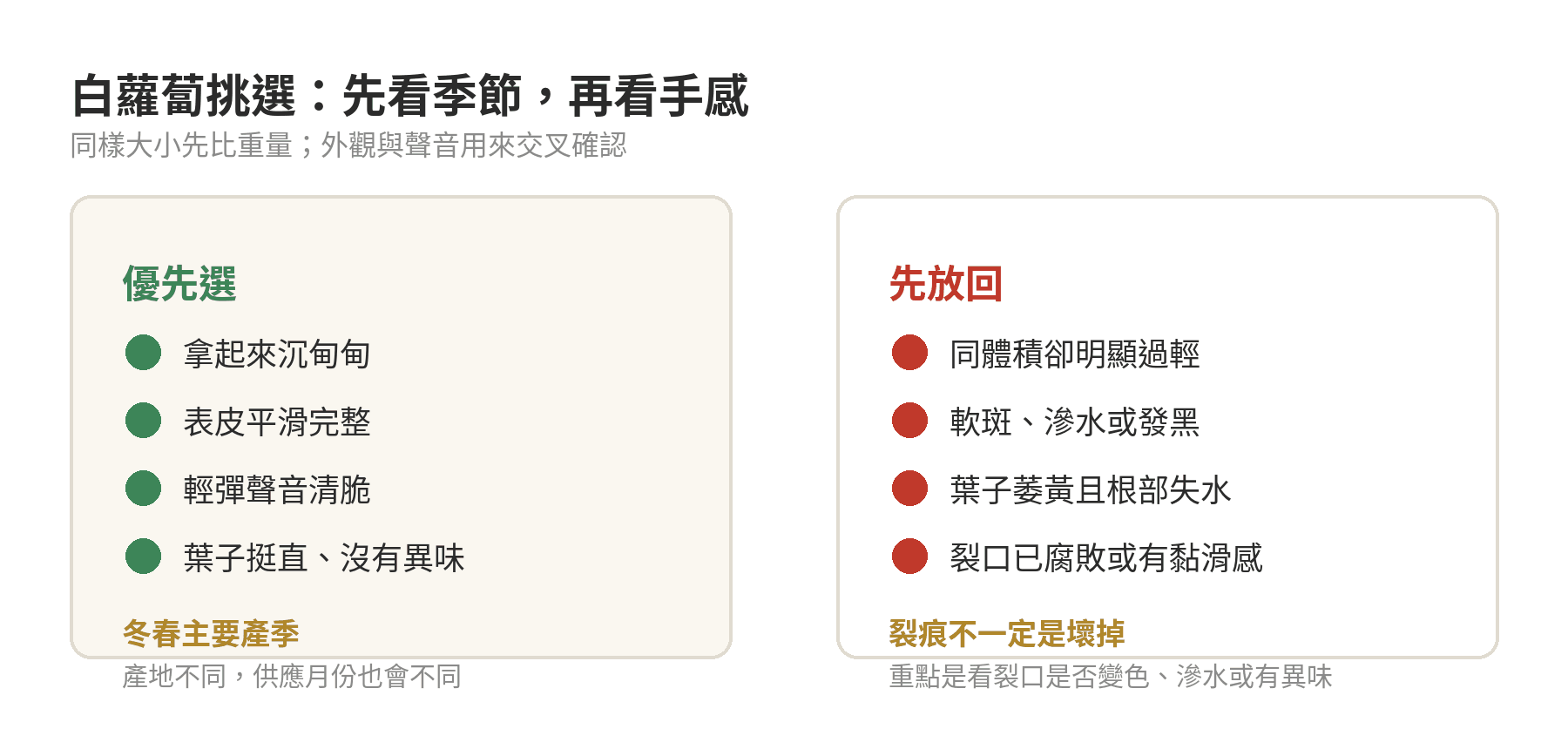 白蘿蔔產季與挑選重點比較圖