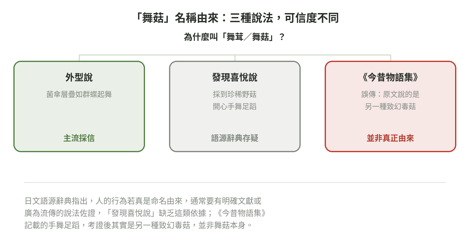 舞菇名稱由來三種說法示意圖：外型說主流採信、發現喜悅說存疑、今昔物語集誤傳並非真正由來