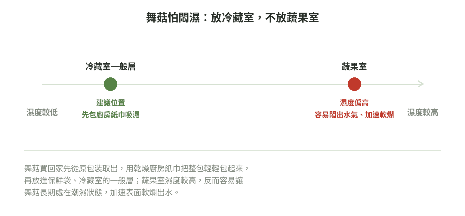 舞菇保存示意圖：冷藏室一般層濕度較低為建議位置，蔬果室濕度較高容易悶出水氣