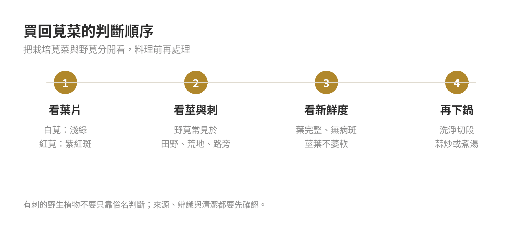 莧菜從葉片、莖刺、新鮮度到料理的判斷順序示意圖
