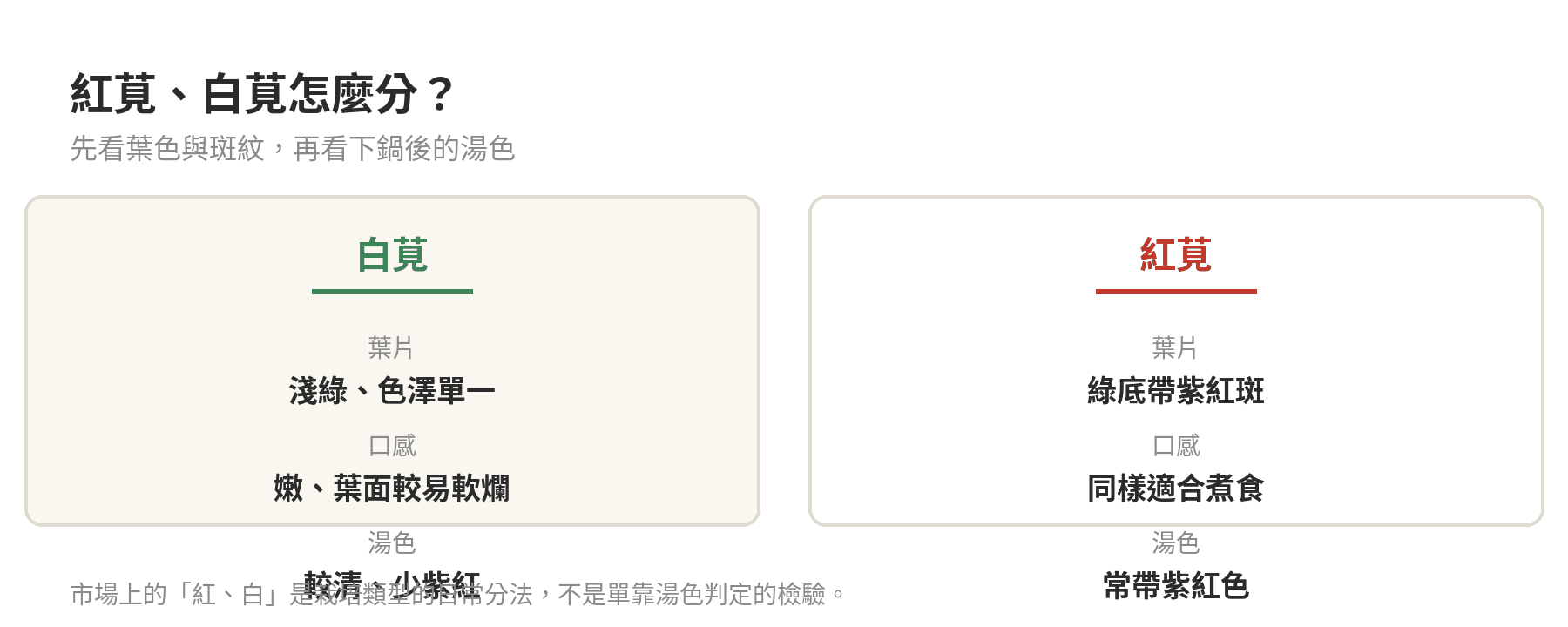 紅莧與白莧的葉片、口感與湯色比較示意圖