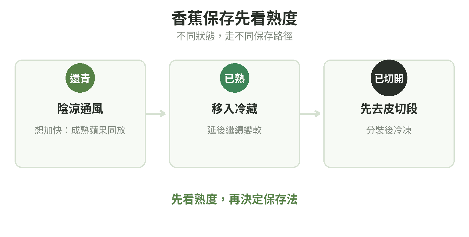 香蕉依熟度分成通風催熟、冷藏延後軟化與去皮冷凍的保存路徑